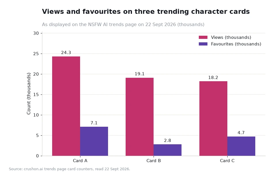 Grouped bar chart comparing views and favourites across three trending character cards